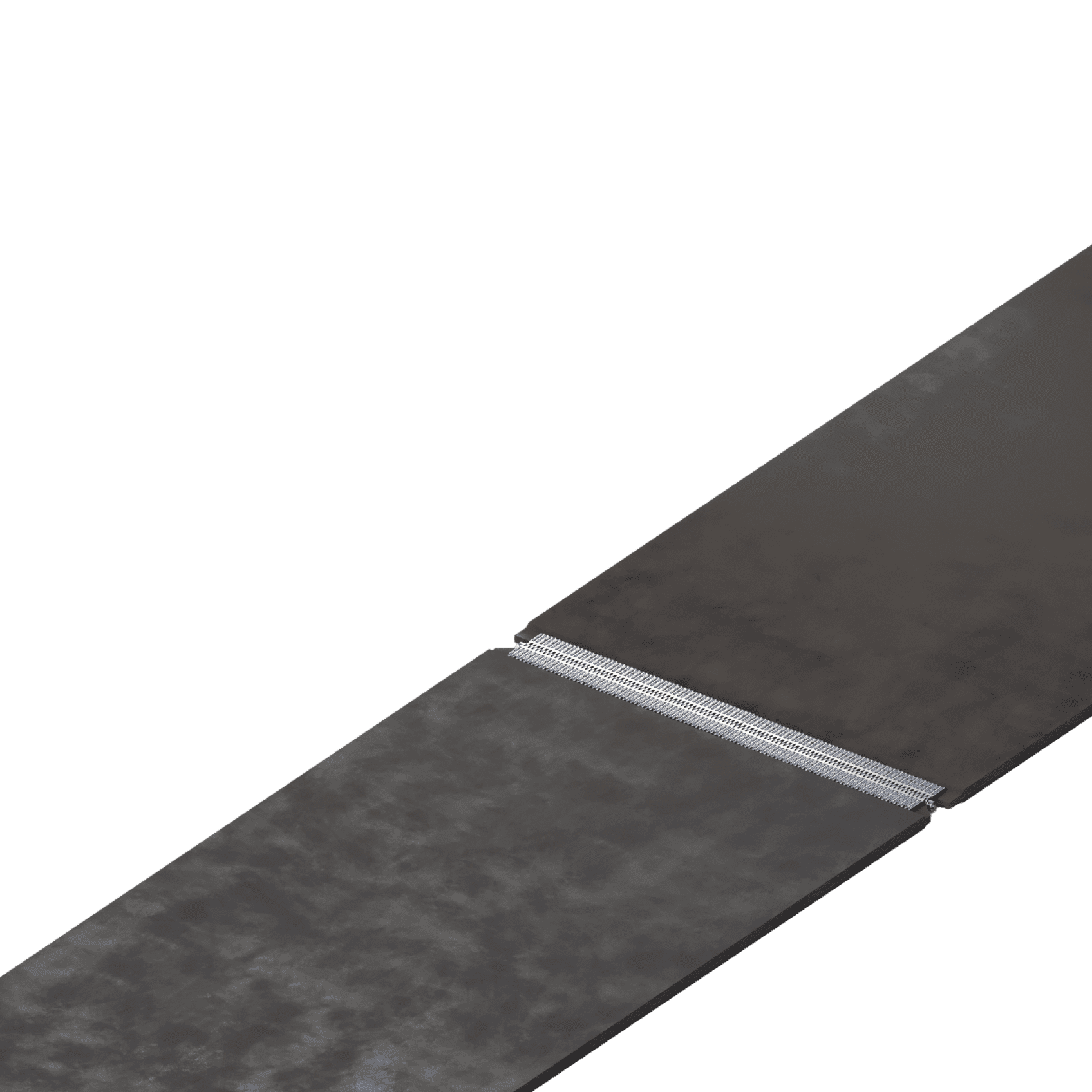 Primer plano de una articulación de bisagra metálica que conecta dos superficies planas oscuras, con un pasador visible que fija la bisagra en su lugar. El diseño de la bisagra presenta dientes entrelazados a lo largo de la costura.
